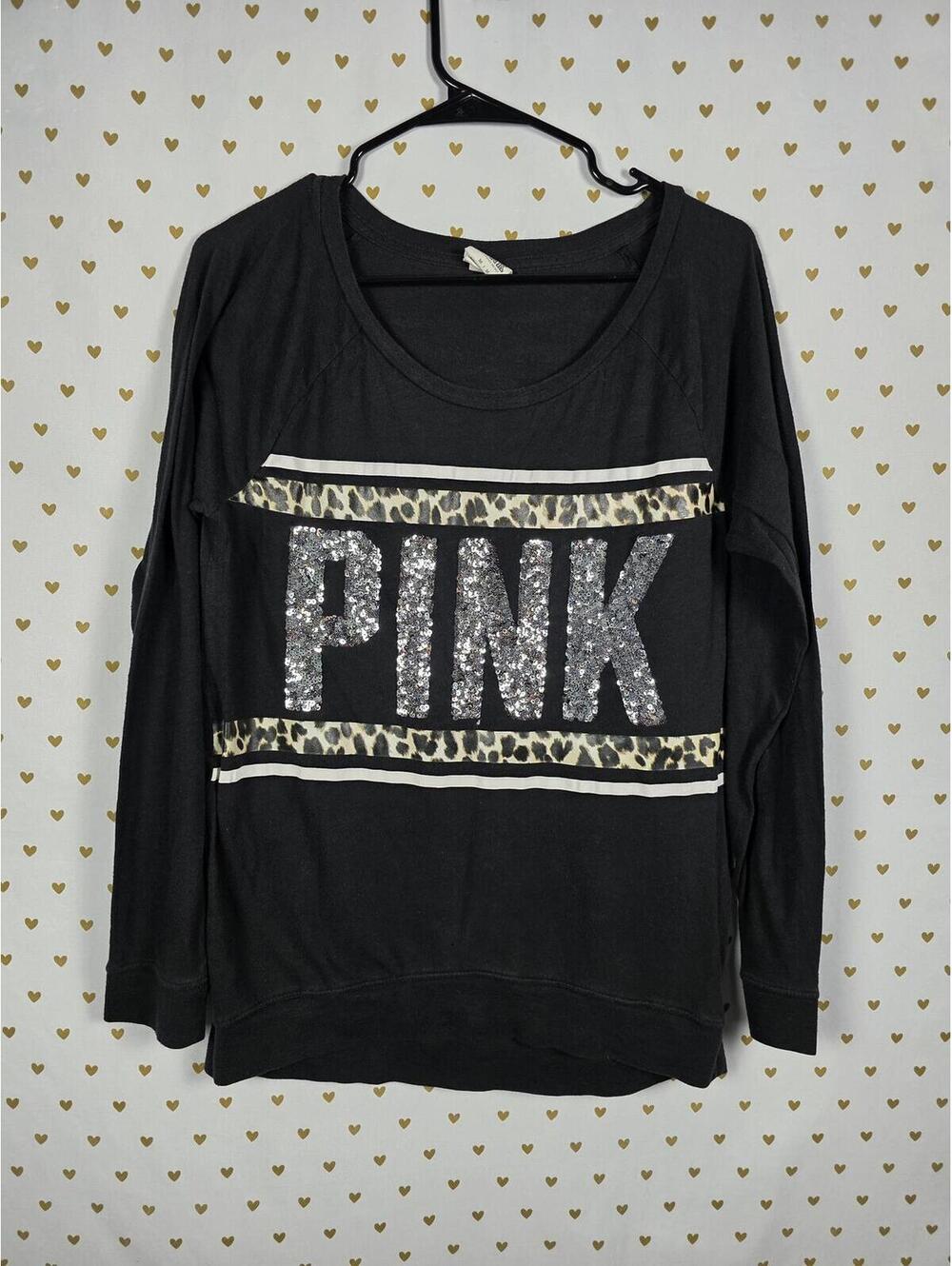 Victorias Secret PINK BLING Leopard Cheetah Logo Sequined Long Sleeve Tee shirt